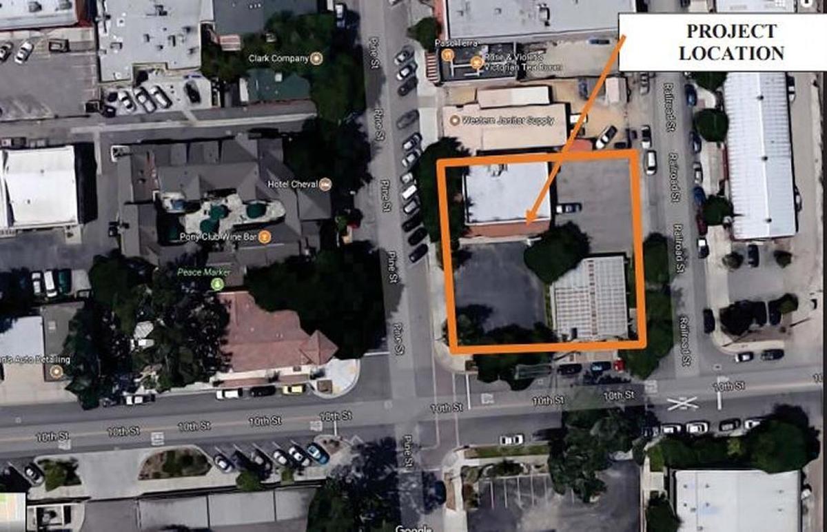 An aerial view of the project area for the planned Hotel Cheval expansion near Pine and 10th streets in downtown Paso Robles.