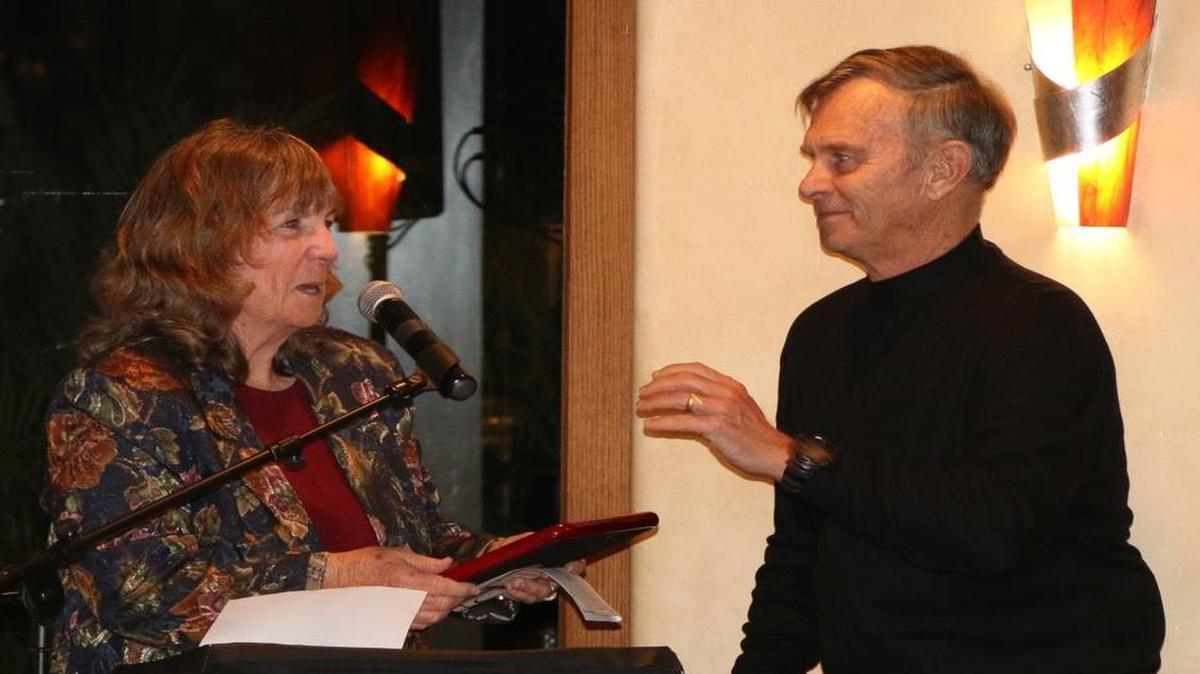Local historian Effie McDermott, left, was chosen as the Pismo Beach 2015 Citizen of the Year. Here, she accepts her award at the Chamber of Commerce’s annual Installation and Awards Dinner on Jan. 14.