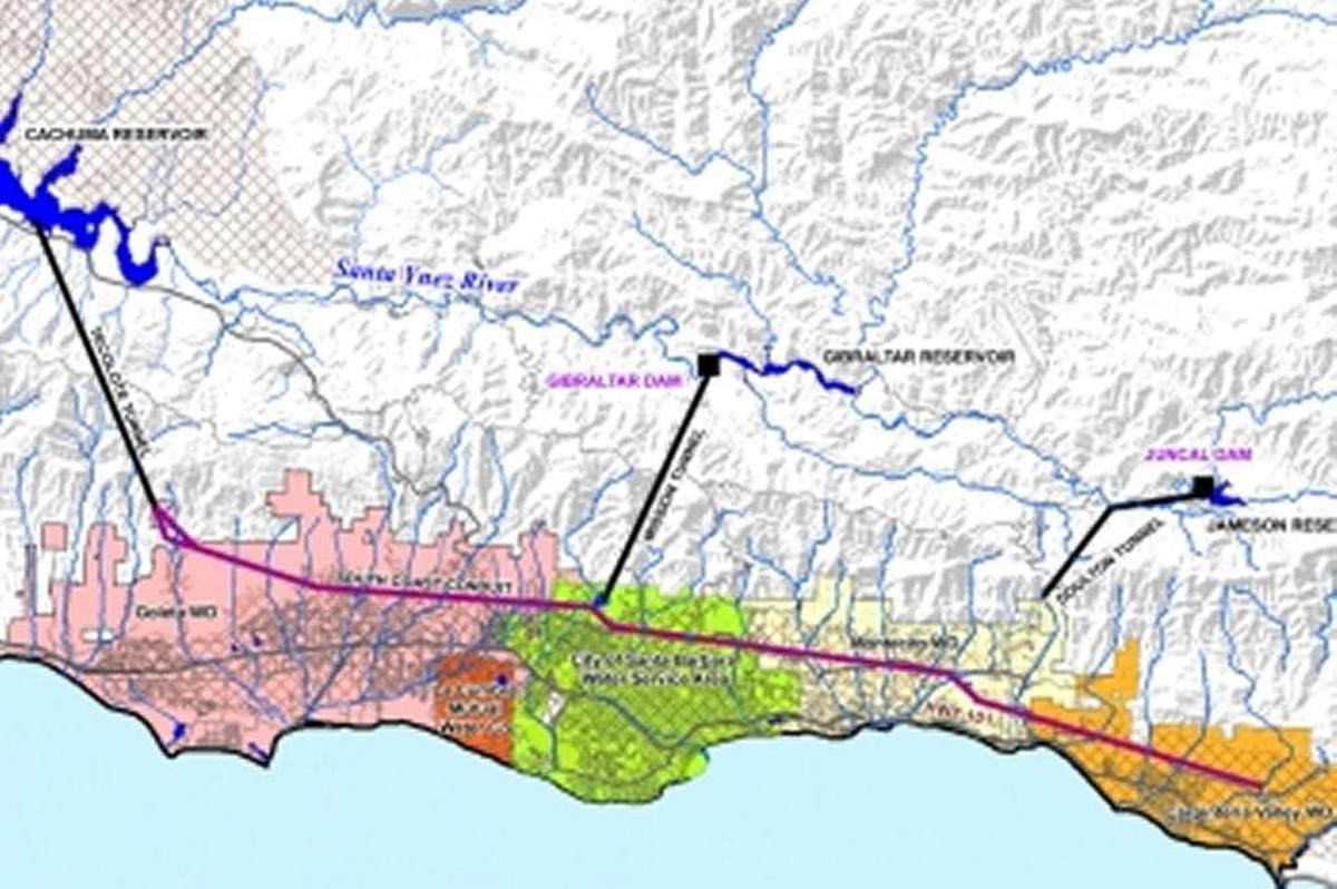 A map of the South Coast Conduit and Jameson Reservoir connections to the Montecito and Summerland area.