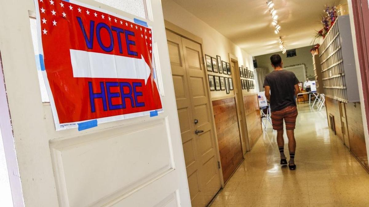 A voter enters the polling area in San Luis Obispo in the June 7 primary.