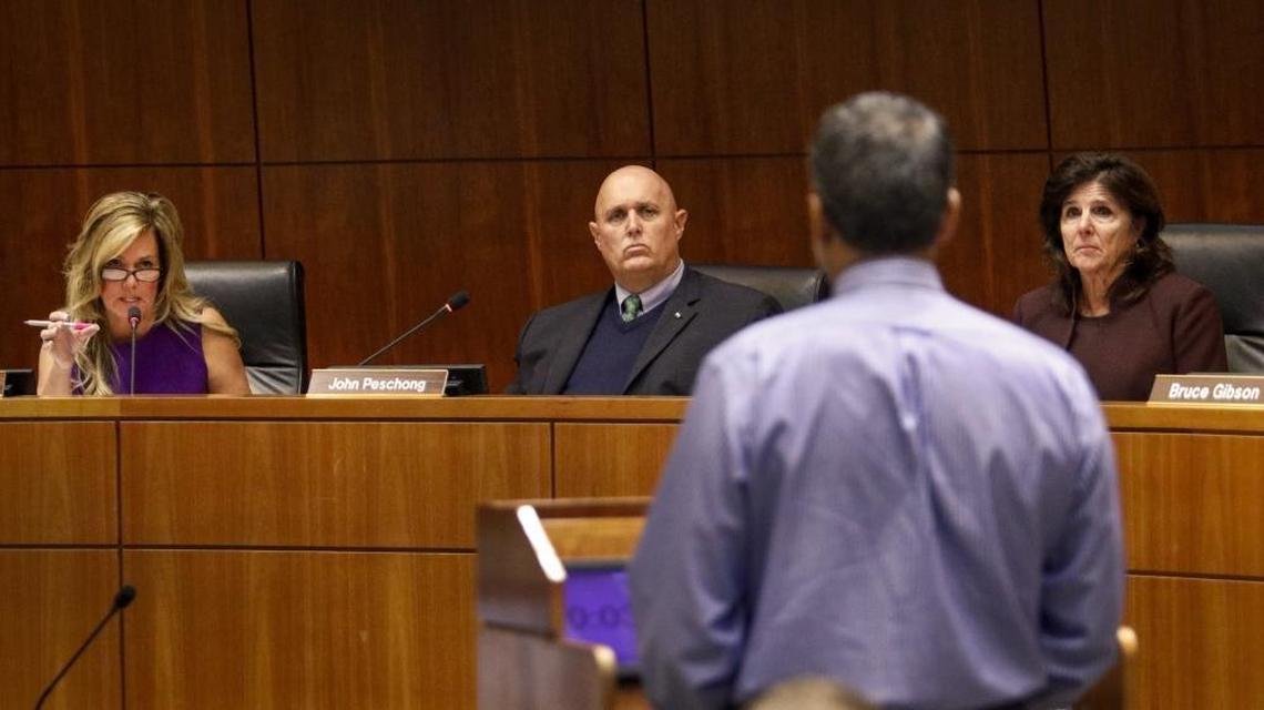 San Luis Obispo County Board of Supervisors Lynn Compton, left, John Peschong, and Debbie Arnold discuss details of the county wide marijuana ordinance with county code enforcement supervisor Art Trinidade on Oct. 20, 2017.
