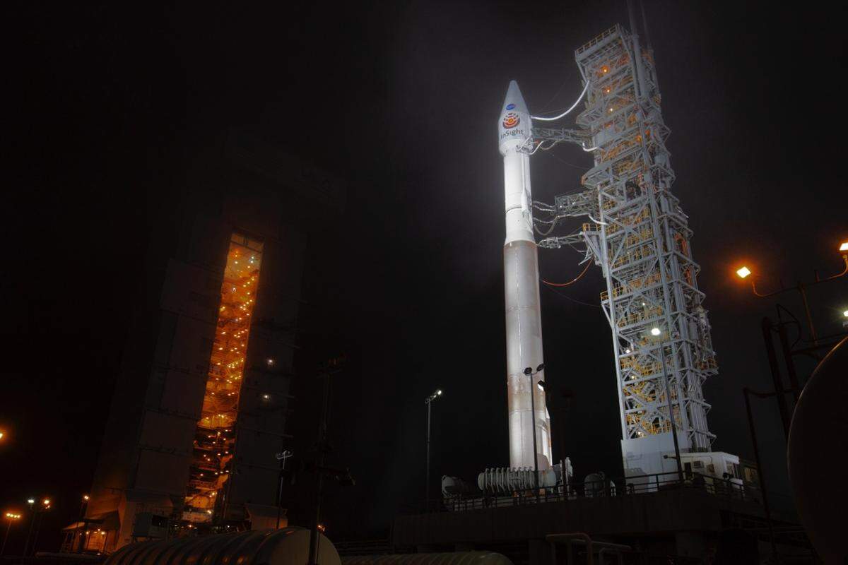 The Atlas V rocket carrying the Mars InSight mission waits for its final countdown at Space Launch Complex-3 on Vandenberg Air Force Base’s South Base.