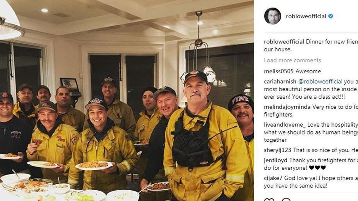 Actor Rob Lowe shared this Instagram photo on Dec. 17, 2017 of the firefighters he served dinner to as a thanks for their efforts fighting the Thomas Fire burning near his home in Montecito.