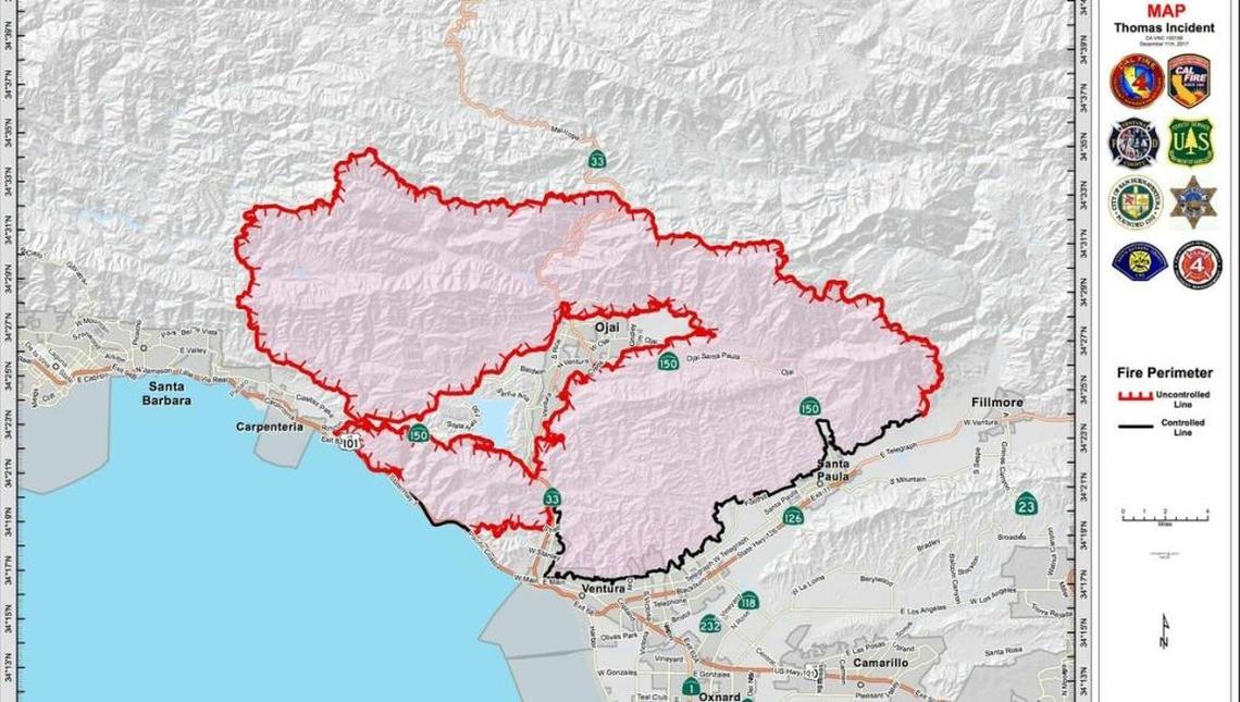 A map of the fire perimeter on Monday, December 11, 2017.