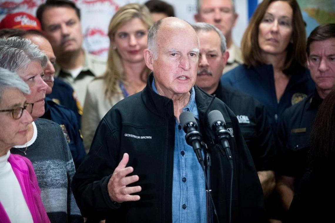 California Gov. Jerry Brown discusses the Thomas fire and the extended length of the state's fire season during a press conference on Saturday, Dec. 9, 2017, in Ventura.