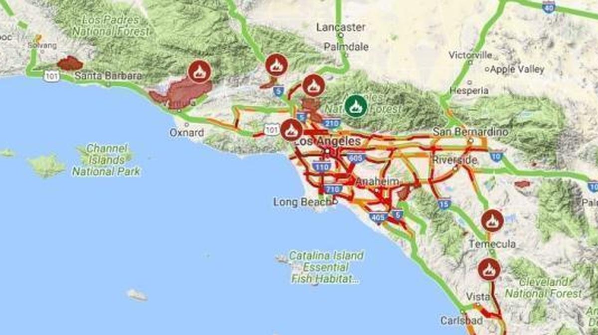 A Google map shows wildfires burning across San Diego, Riverside, Los Angeles and Ventura counties as of late Thursday.