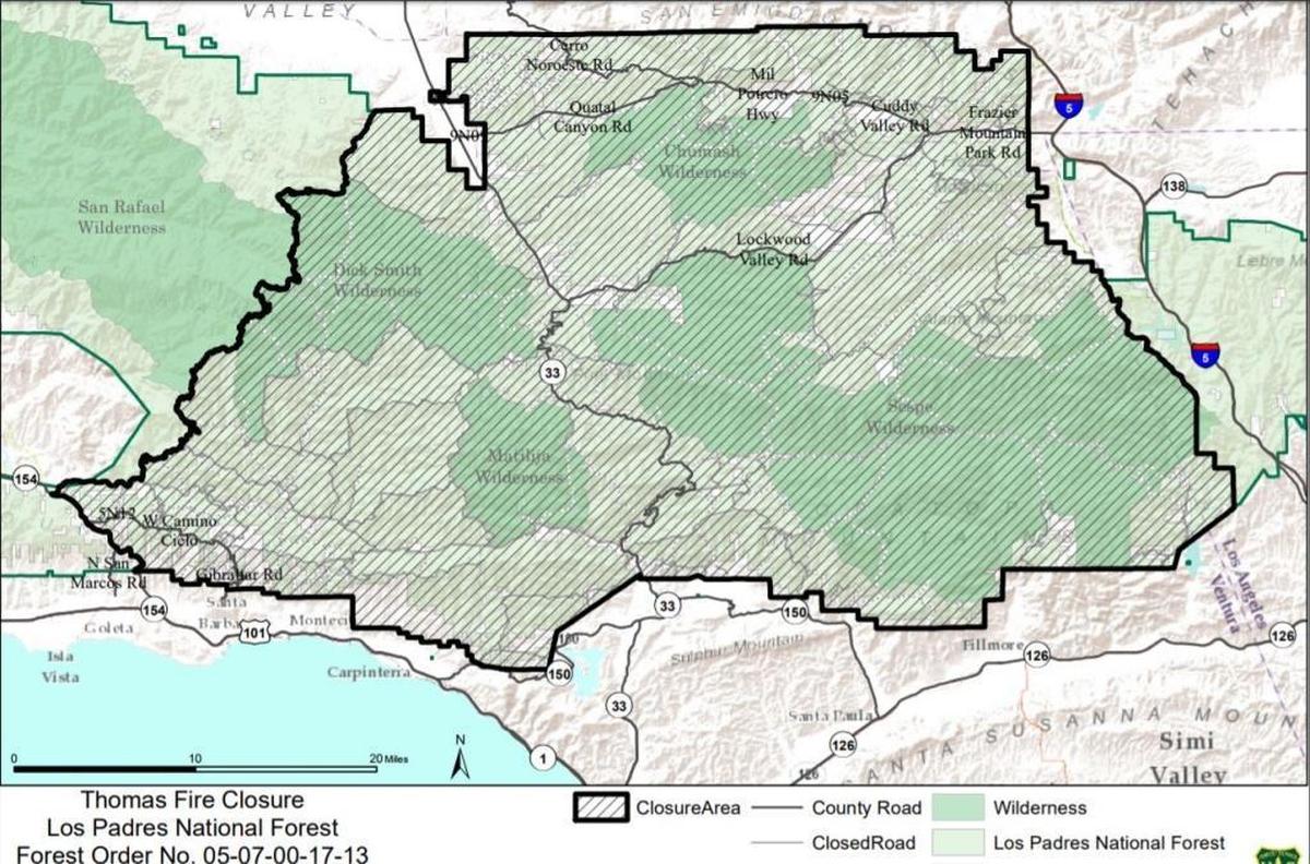 A map showing which areas of Los Padres National Forest are closed due to the Thomas Fire.