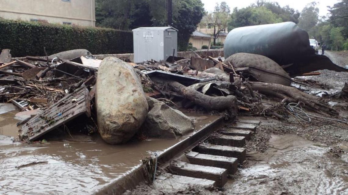 A picture of railroad tracks running through Montecito on Tuesday, after a powerful winter storm caused mudslides and flooding in the area.