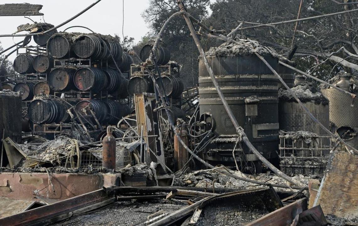 Damaged winemaking vats and barrels were left in charred ruins at Paradise Ridge Winery in Santa Rosa after wildfire roared through earlier this week.