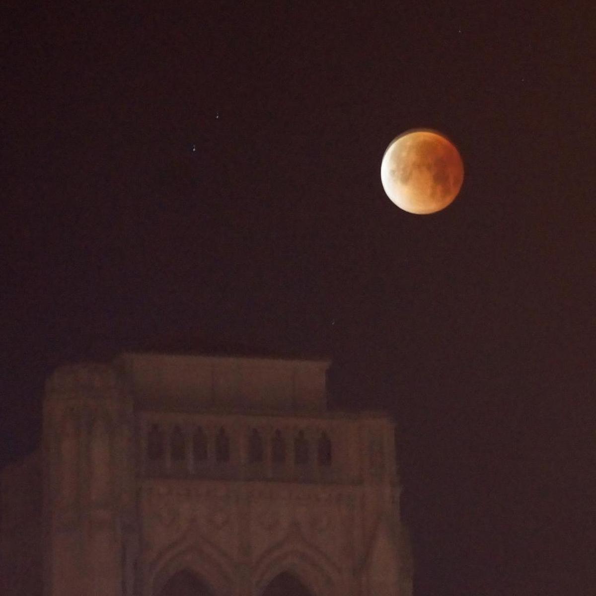 The super blue blood moon over Grace Cathedral, taken on Nob Hill in San Francisco.