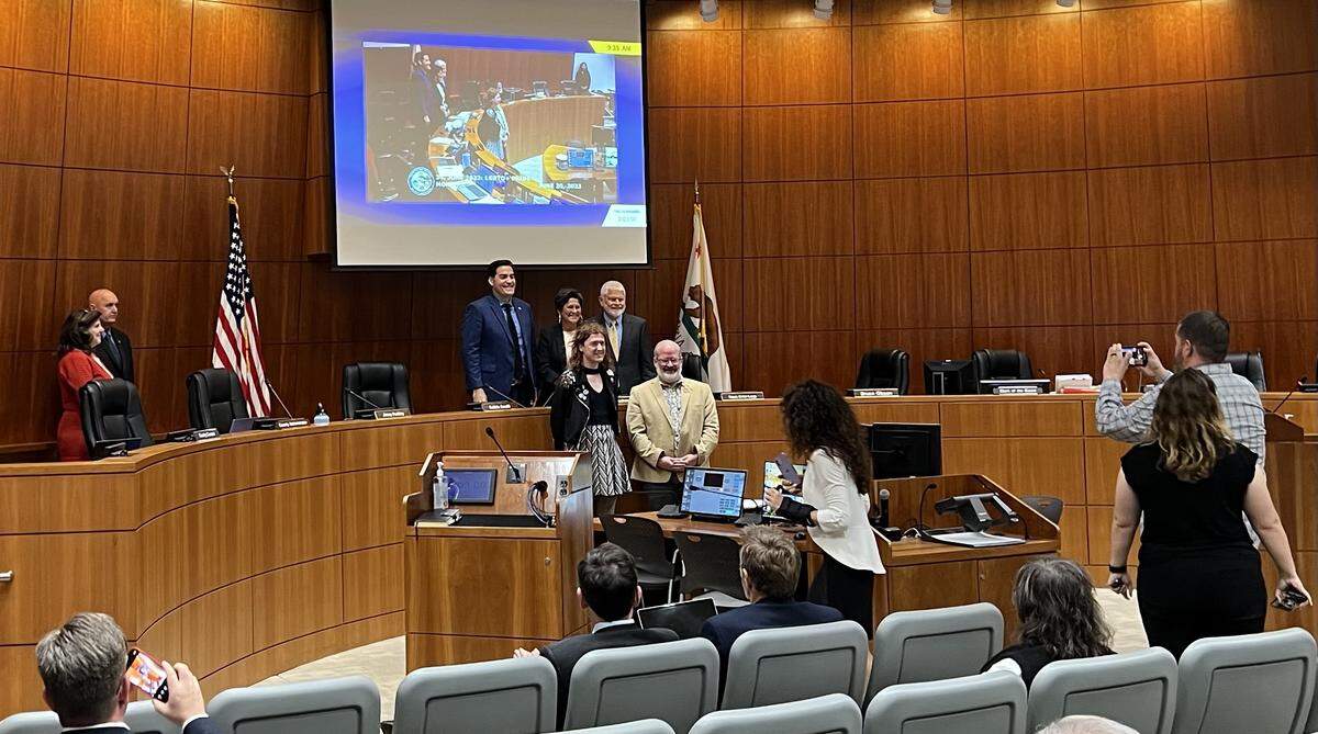 Supervisors Jimmy Paulding, Dawn Ortiz-Legg and Bruce Gibson stand for a photo with two representatives from the Gala Pride and Diversity Center after the board voted 3-2 to declare June Pride Month. Supervisors Debbie Arnold and John Peschong declined to participate in the picture.