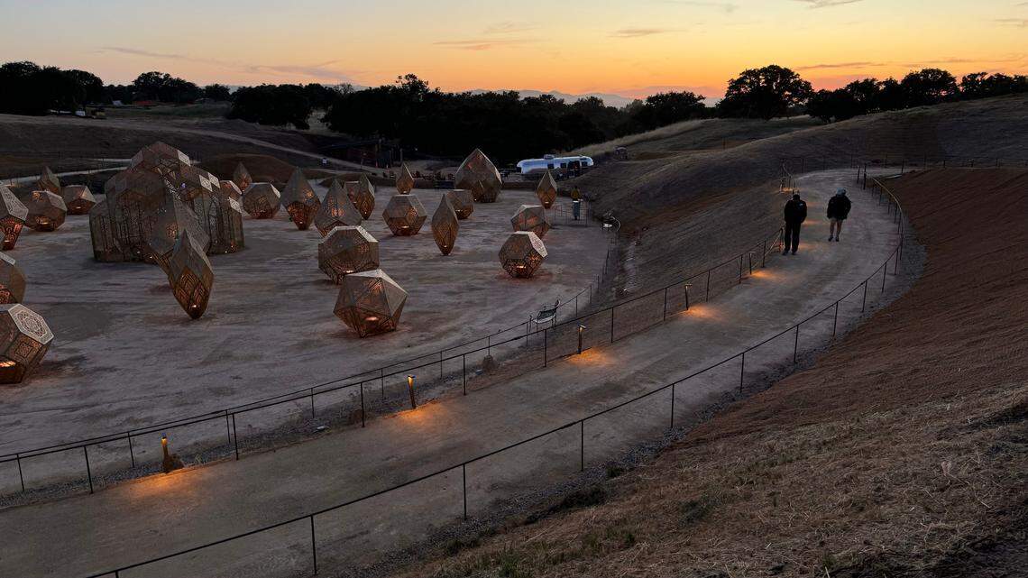 The DIMENSIONS exhibit at Sensorio in Paso Robles features a collection of illuminated geometric sculptures, seen here on May 23, 2024. It was created by the artist duo HYBYCOZO.