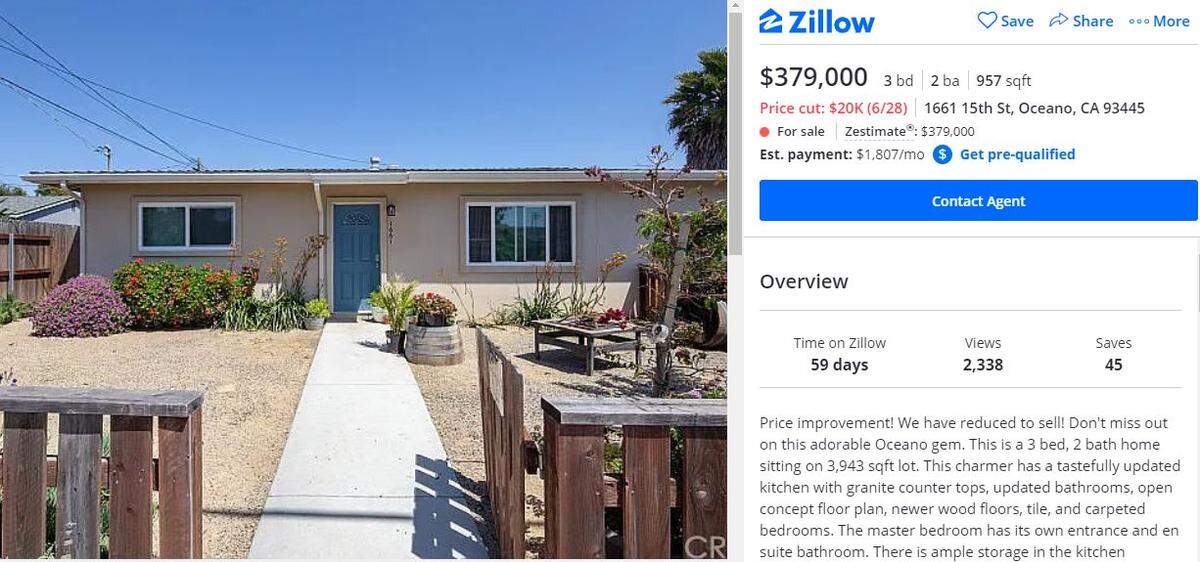A three-bedroom, two-bathroom home in Oceano that’s listed on Zillow for $379,000.