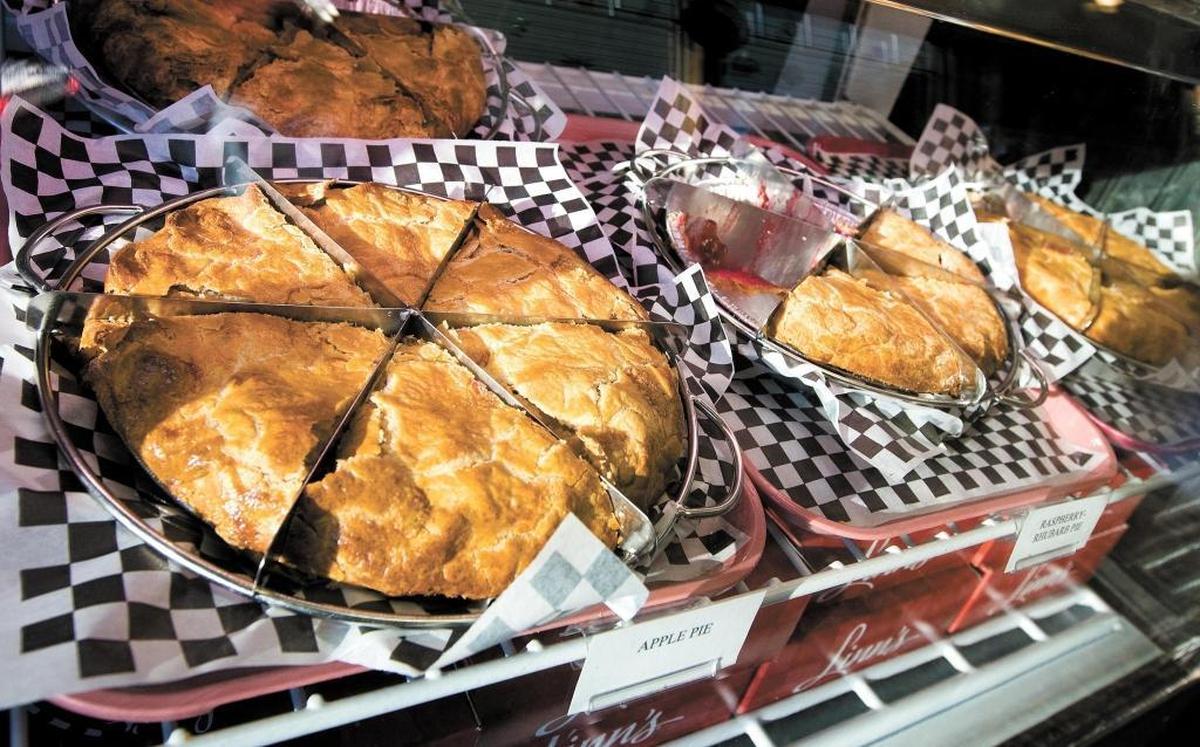 Fresh pies in the display case at Linn’s Restaurant in Cambria.