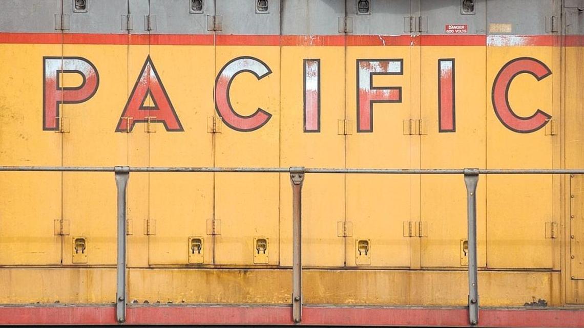 Weather-beaten lettering on a Union Pacific engine parked near the station in San Luis Obispo.