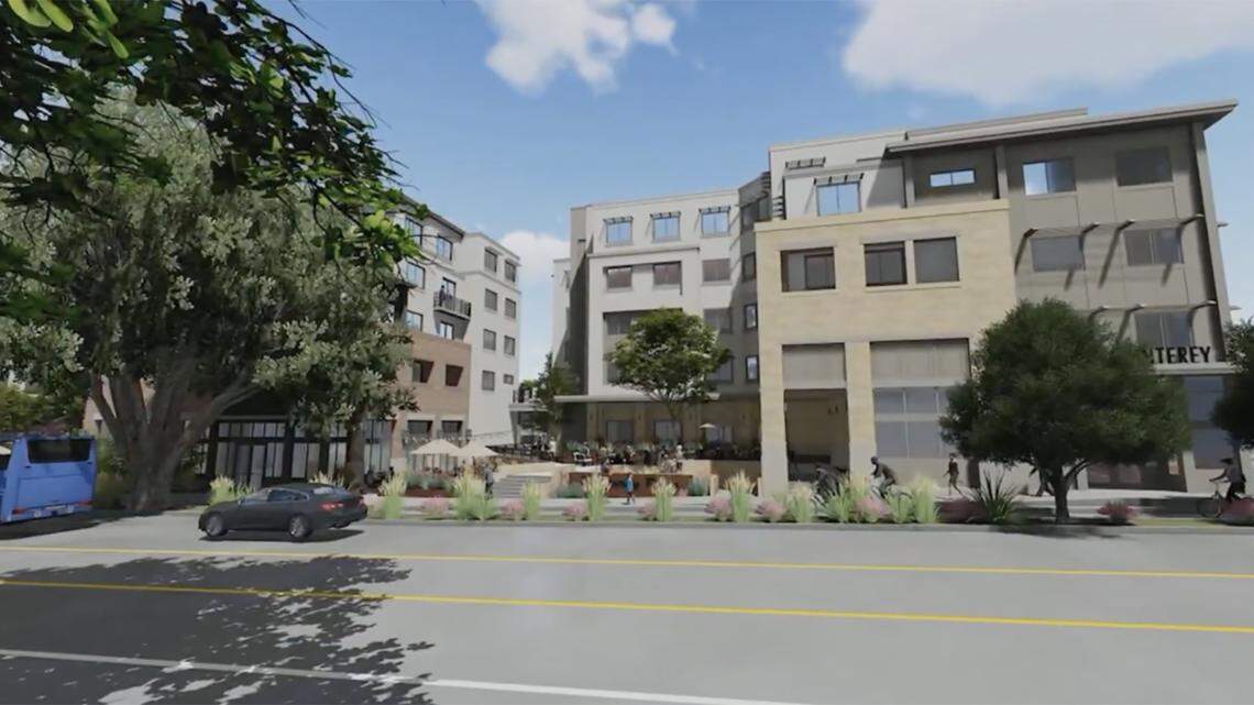 A rendering shows the five-story, 105-unit affordable housing project proposed at 1422 Monterey St. in the block between California Boulevard and Pepper Street.