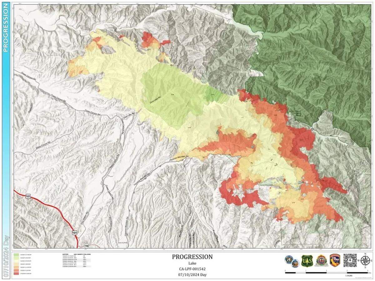 A Lake Fire progression map from Unified Command shows the most recent burn areas in red, as of Wednesday.