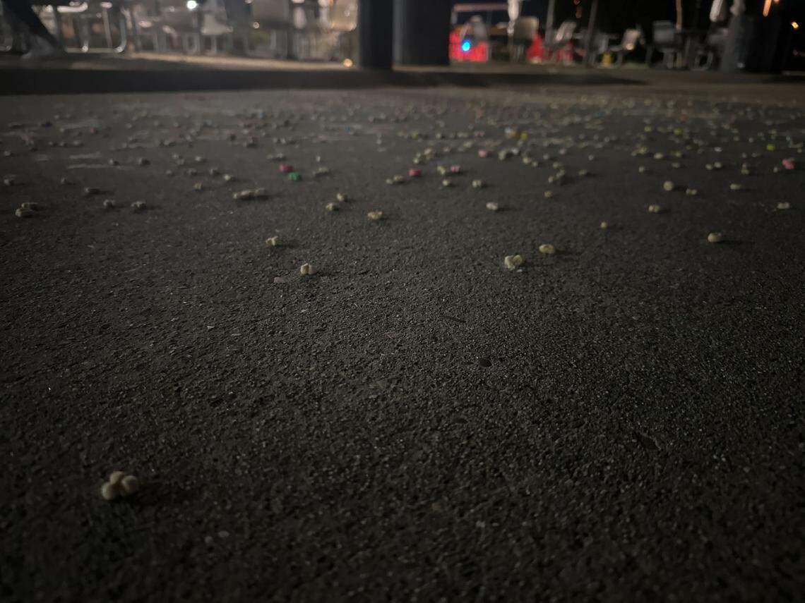 Lucky Charms cereal litters the ground outside Scout Coffee on Cal Poly’s campus. The university was hosting a concert in an effort to limit St. Fratty’s partying on March 15, 2025.