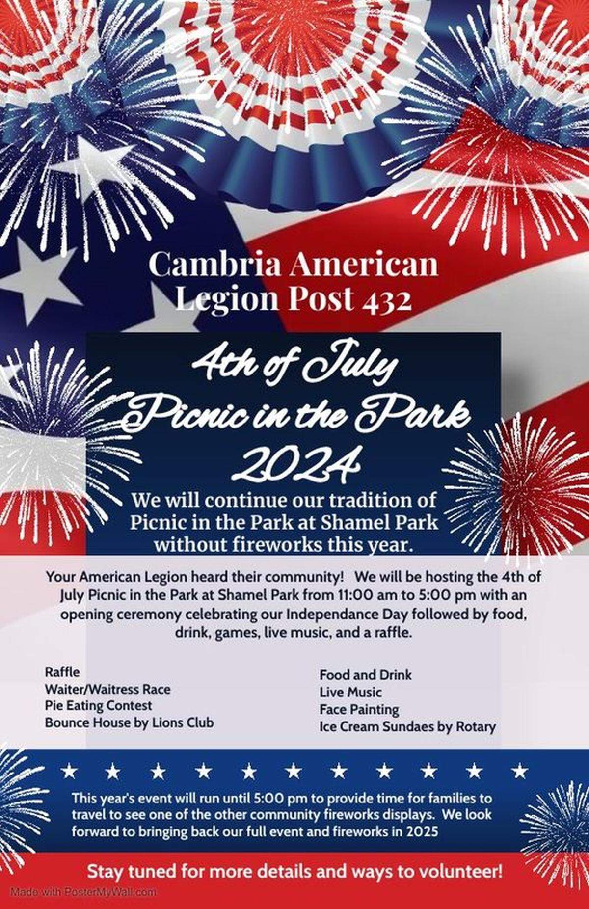 Despite a lack of fireworks, Cambria’s American Legion Post No. 432 and lots of volunteers are making the traditional “picnic in the park” happen for 2024.