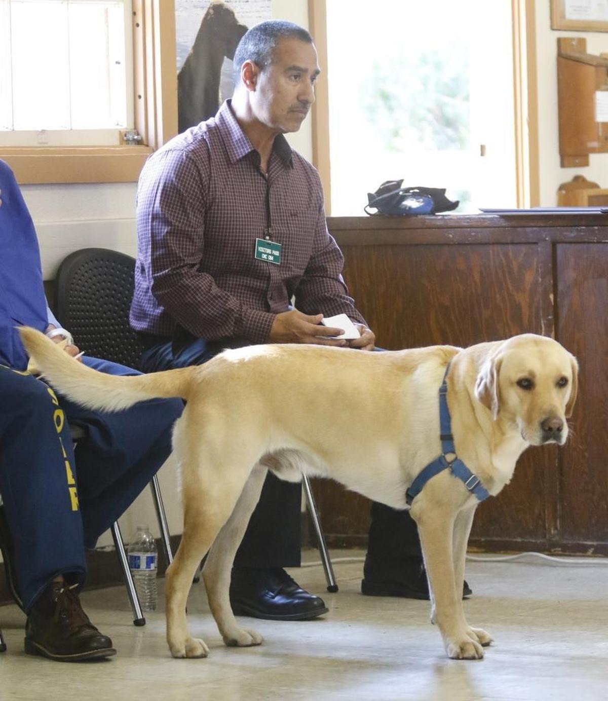 Henry Garcia, a 23-year veteran of the military was presented with Rusty, a service dog. A new program at California Men’s Colony teaches inmates to train dogs for service.