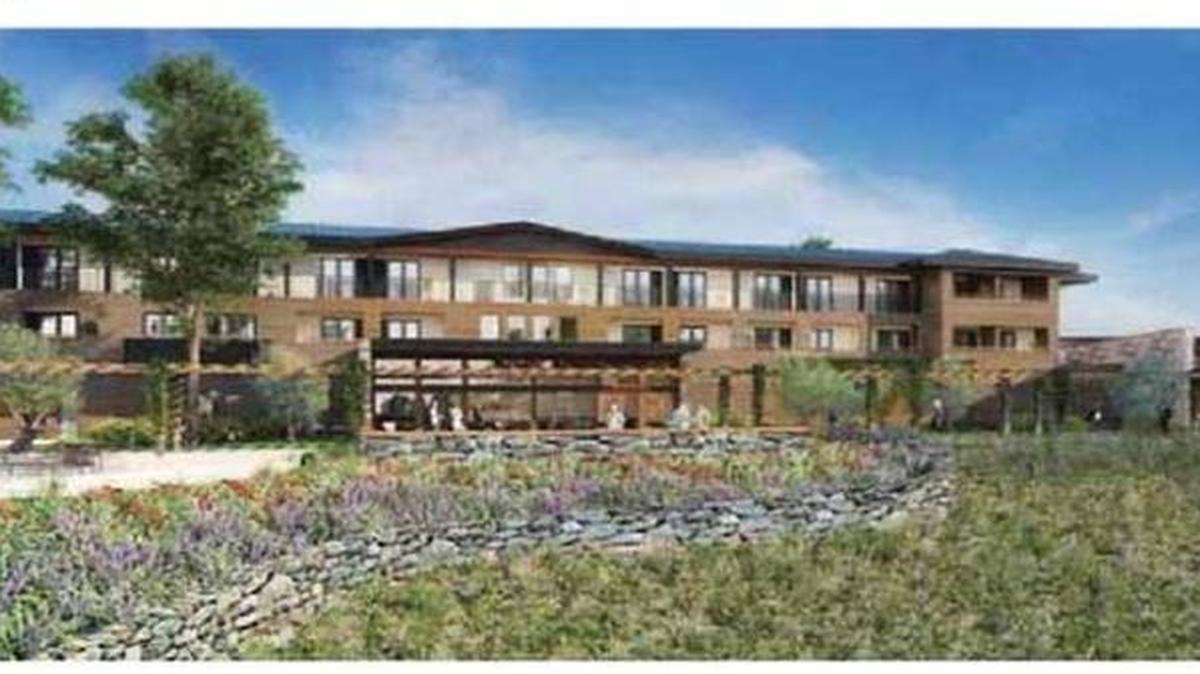 Concept drawing for the planned Destino Paso Resort to be built on Airport Road in Paso Robles show the view from the parking lot, top, and the view from the pool deck, bottom.