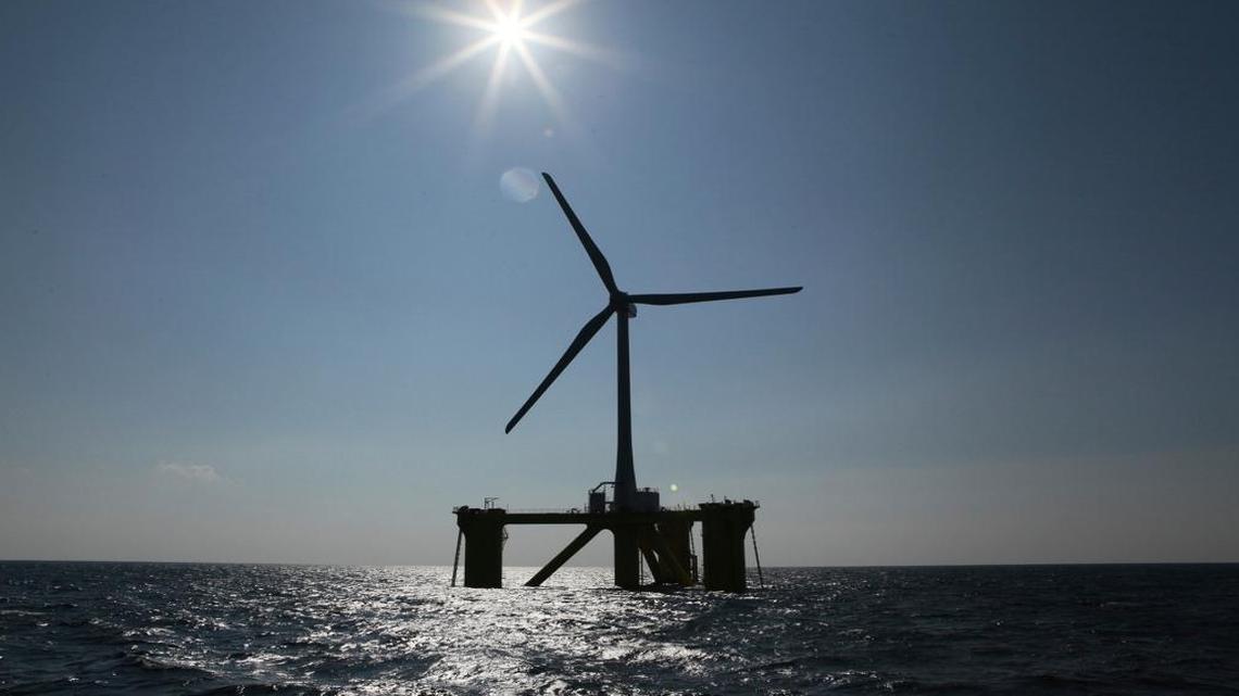 A wind turbine, named Fukushima Mirai, is seen about 20 kilometers off the coast of Naraha, Fukushima Prefecture, northeastern Japan, in 2013.