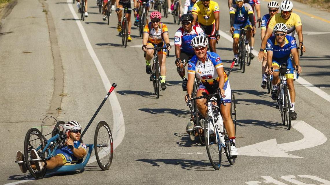 Military veterans, first responders and their supporters exit Highway 1 in Morro Bay during the 2017 UnitedHealthcare California Challenge bike ride from San Francisco to Los Angeles.