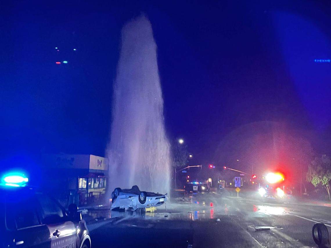 A vehicle crashed into a fire hydrant and overturned in front of the FrutiLand restaurant in Arroyo Grande on Aug. 7, 2022.