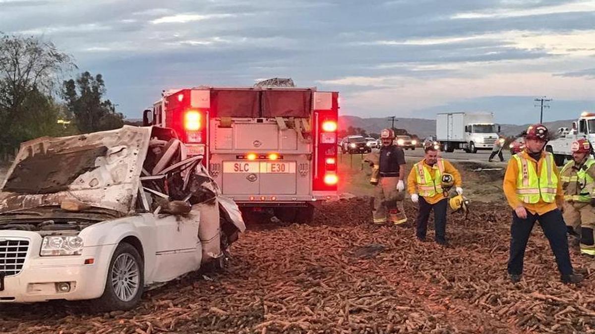 A big rig collided with a Chrysler sedan near the intersection of Highway 101 and Wellsona Road south of San Miguel on Friday. Carrots were spilled onto the side of the road.
