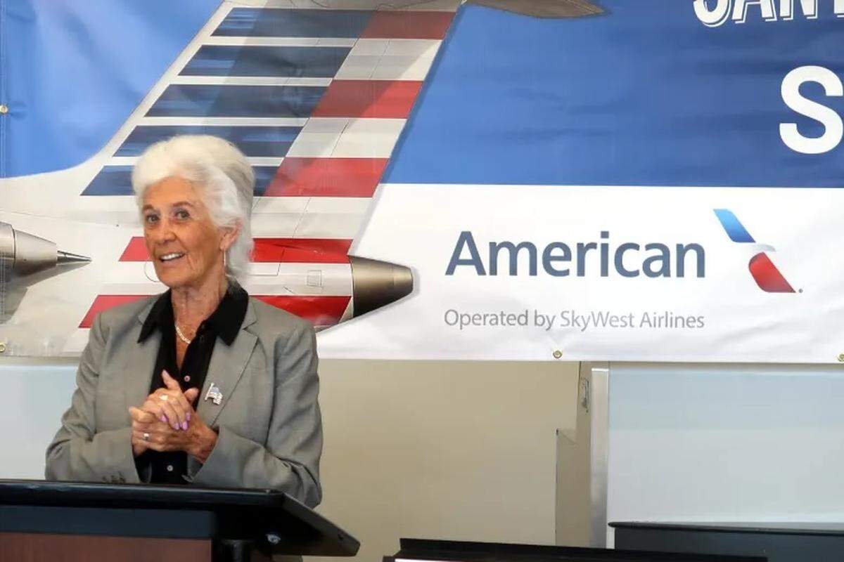Santa Maria Mayor Alice Patino speaks during a news conference on Monday, June 30, 2025, about American Airlines’ plans to begin daily nonstop service between Santa Maria and Phoenix starting Oct. 15. 