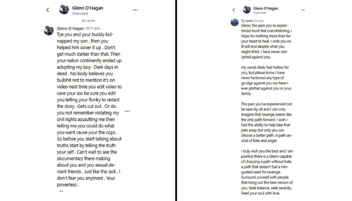 The photo on the left shows a Nextdoor message from Glenn O’Hagan to Paso Robles City Manager Ty Lewis on Oct. 13, 2024. The photo on the right shows Lewis’ response on Oct. 14, 2024. These messages were attached to a temporary workplace violence restraining order petition filed by the city of Paso Robles, asking for a judicial officer to prevent O’Hagan from contacting and being with 100 feet of Lewis. A judicial officer granted the petition on Jan. 7, 2025.