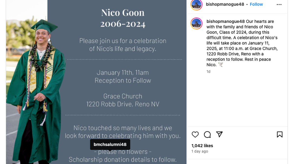 Cal Poly freshman Nico Goon, a graduate of Bishop Manogue Catholic High School in Reno, died in an accidental drowning while on vacation in December 2024.