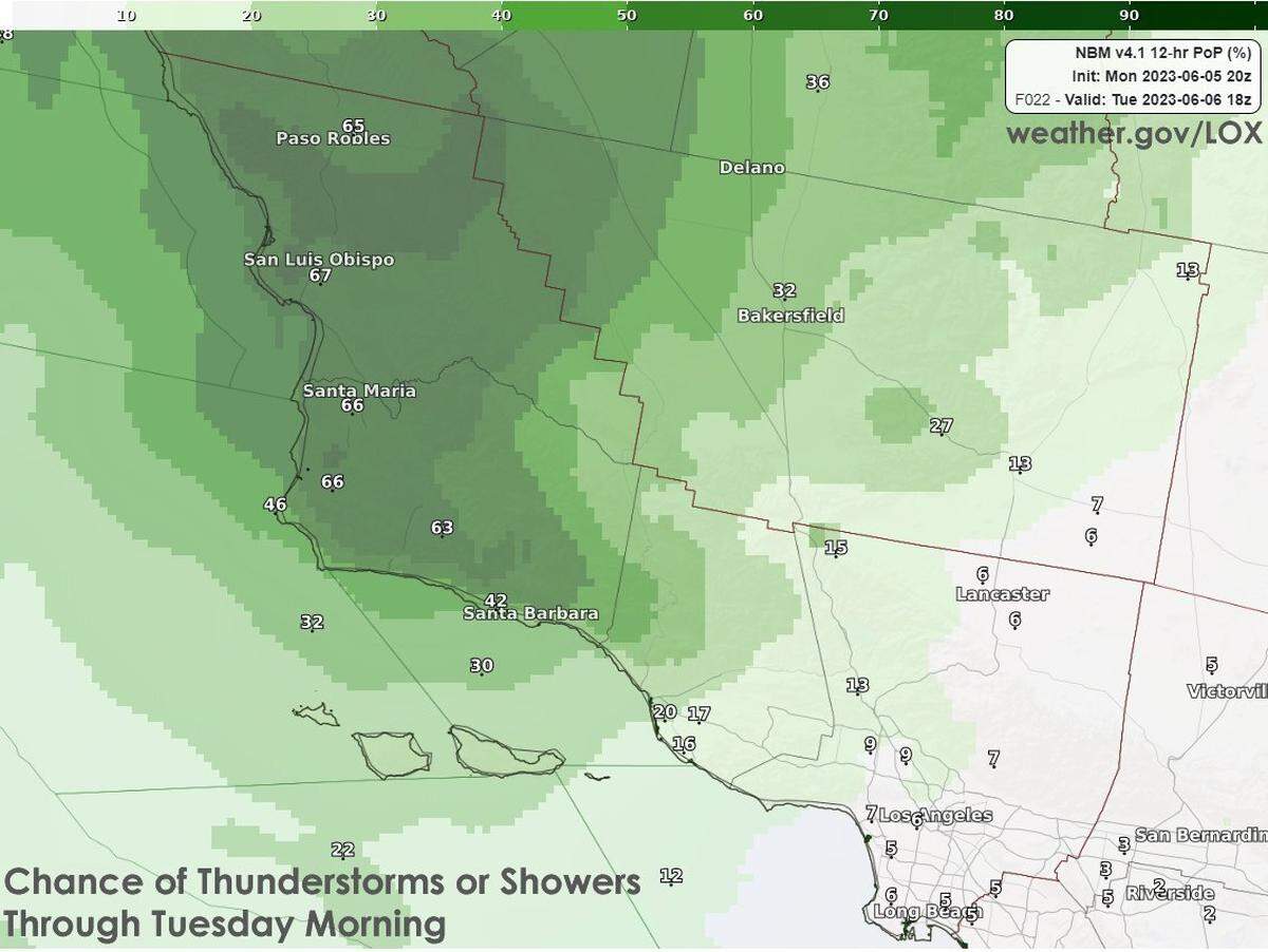 The National Weather Service is warning of potential thunderstorms with lightning across San Luis Obispo and Santa Barbara Counties on June 5, 2023.