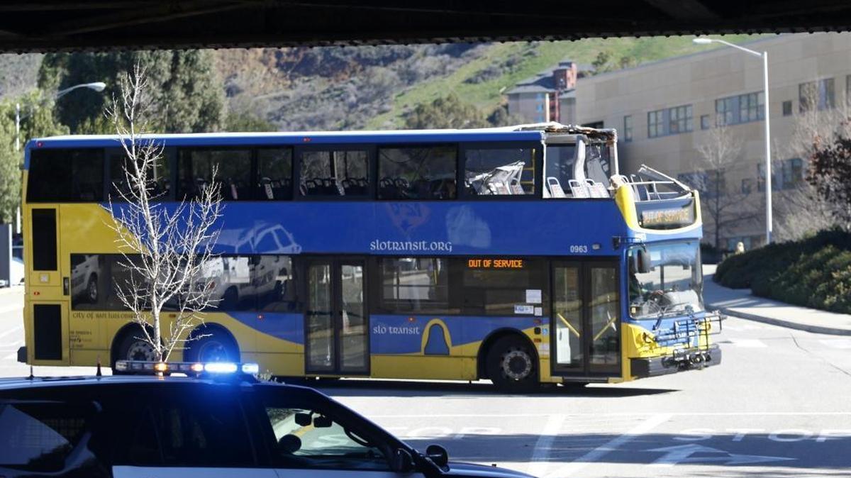 SLO Transit’s double-decker bus hit a bridge near Cal Poly on Monday morning.