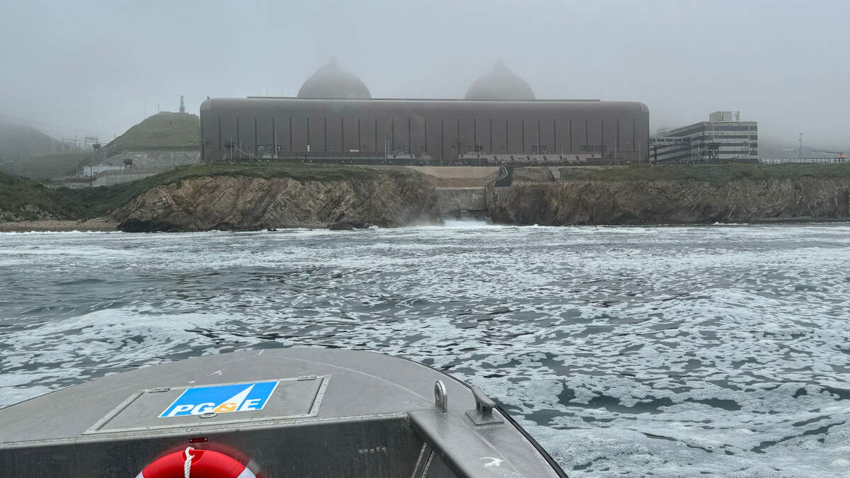 Water from Diablo Canyon nuclear power plant’s once-through cooling system pours into Diablo Cove in April 2024.