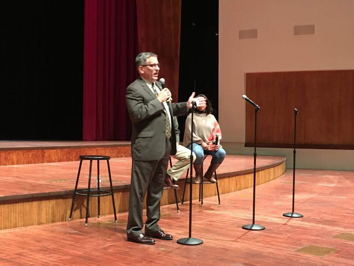 Cal Poly President Jeffrey Armstrong speaks at a public forum responding to a photo of a fraternity member in blackface that was posted to social media.