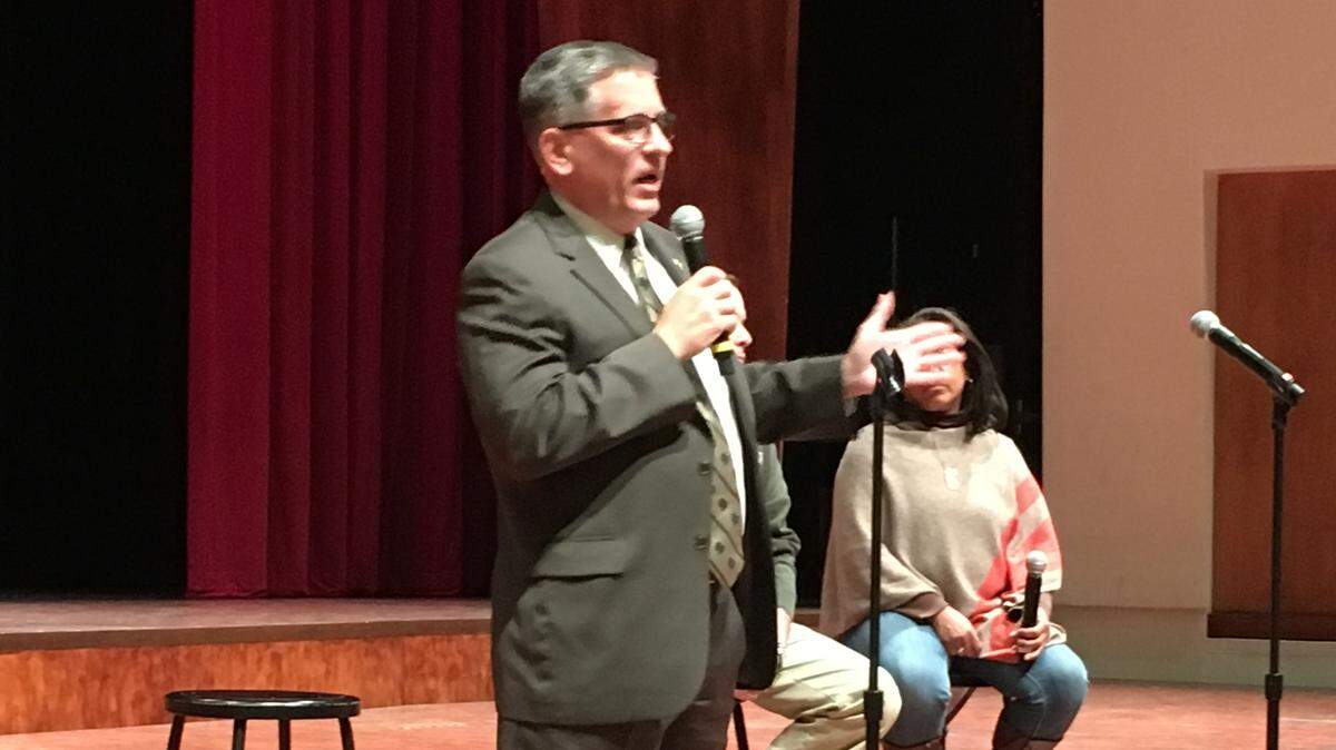 Cal Poly President Jeffrey Armstrong speaks at a public forum responding to a photo of a fraternity member in blackface that was posted to social media.