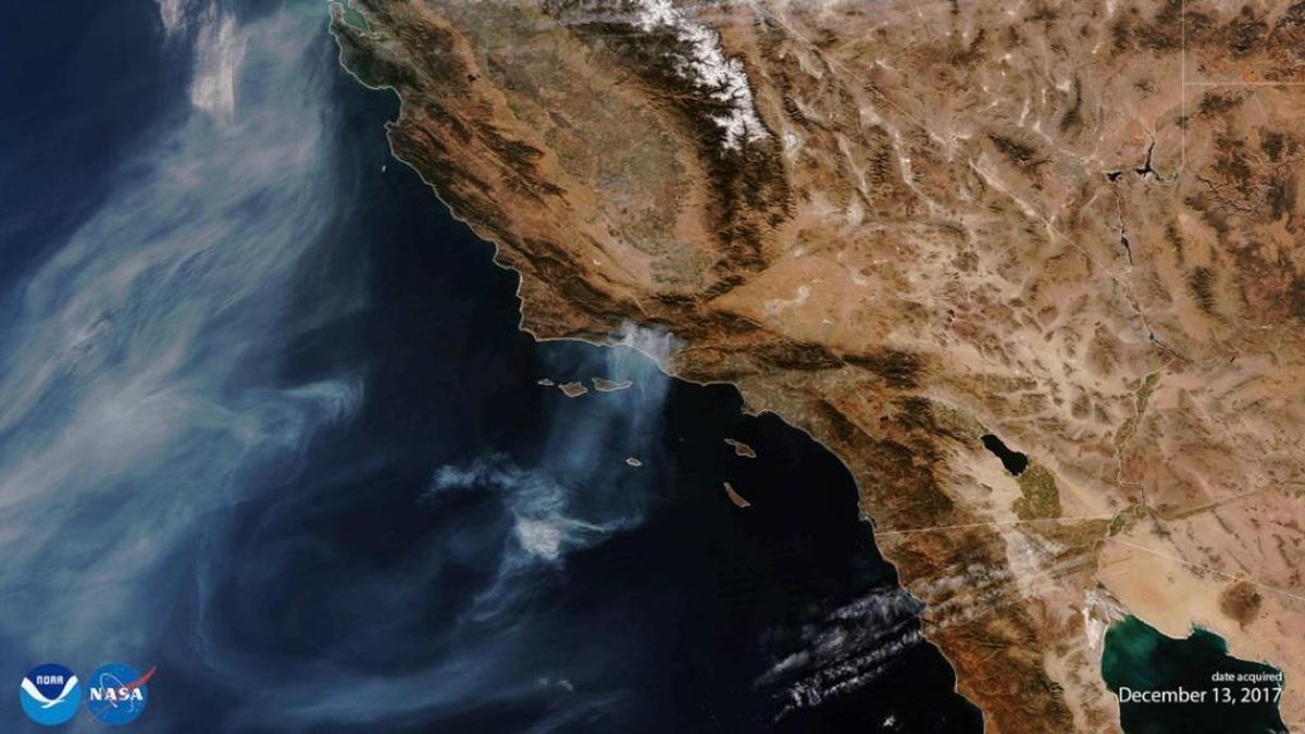 The first light images from the Visible Infrared Imaging Radiometer Suite (VIIRS) aboard the nation’s newest polar-orbiting satellite captures smoke from the Thomas Fire burning not far from Vandenberg Air Force Base where the spacecraft launched in November.