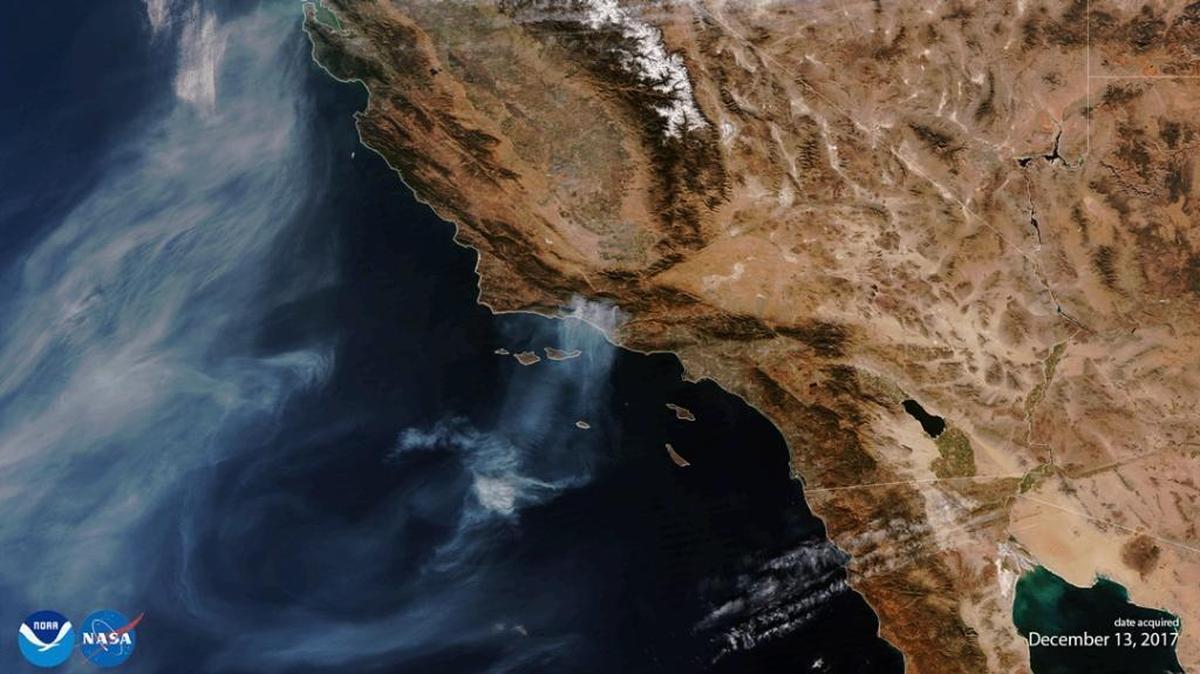 The first light images from the Visible Infrared Imaging Radiometer Suite (VIIRS) aboard the nation’s newest polar-orbiting satellite captures smoke from the Thomas Fire burning not far from Vandenberg Air Force Base where the spacecraft launched in November.