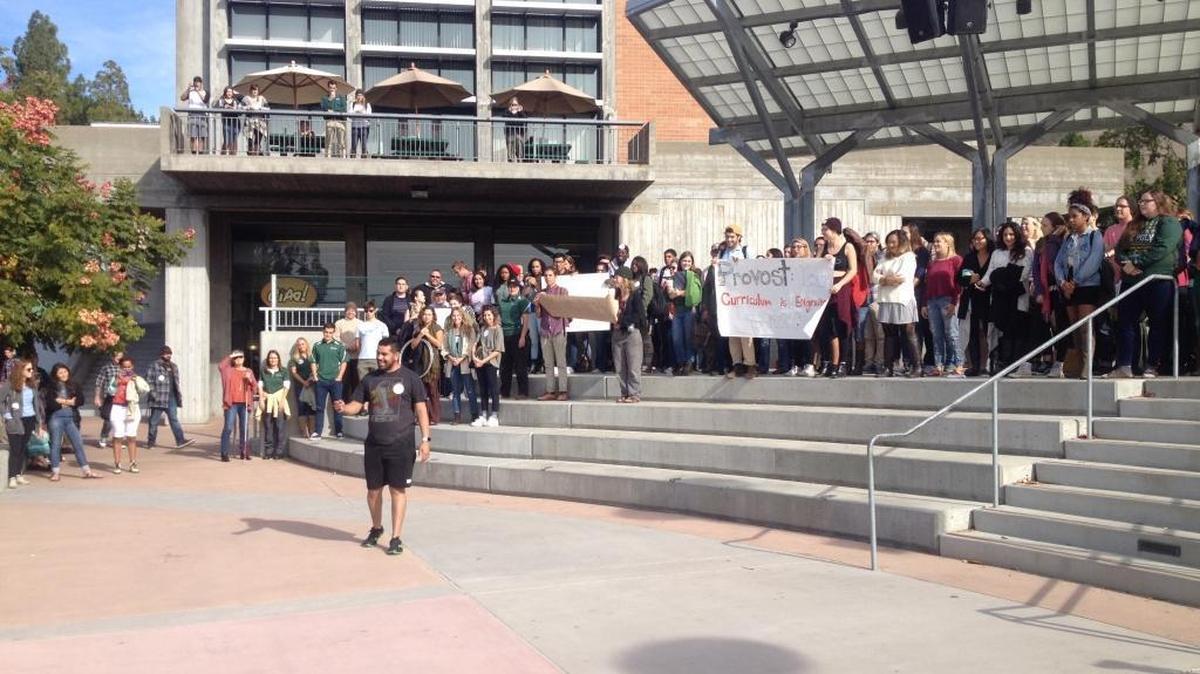 SLO Solidarity co-leader Mario Espinoza addresses the crowd at Cal Poly’s anti-hate rally Thursday.