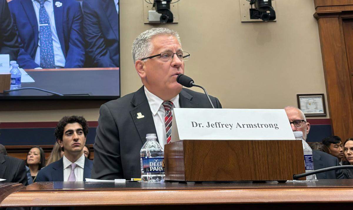 Cal Poly President Jeffrey Armstrong testifies before the House Committee on Education and Workforce on Wednesday, May 7, 2025, about antisemitism on the San Luis Obispo campus.
