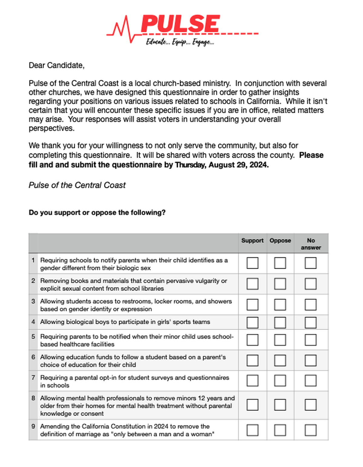 A group called called Pulse of the Central Coast linked to Grace Bible Church in Arroyo Grande sent a questionnaire to Lucia Mar school board candidates, asking if they supported or opposed a variety of hot-button issues involving gender and LGBTQ issues as well as other sensitive topics.