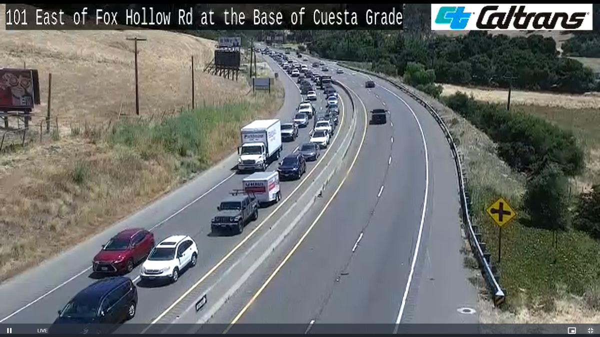 Traffic slowed in the southbound lane of Highway 101 at the base of Cuesta Grade on Wednesday, June 19, 2024.