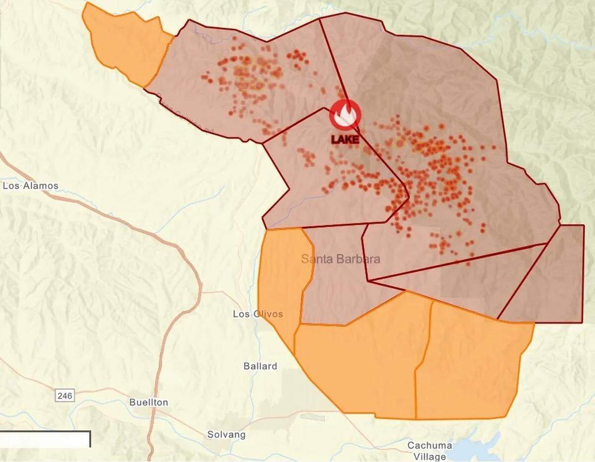 A Lake Fire map shows evacuation orders in effect (in red) and evacuation warnings in effect (in orange) for Santa Barbara County. The ‘Santa Barbara’ noted on the map notes the county. The city of Santa Barbara is about 35 miles southeast of Los Olivos.