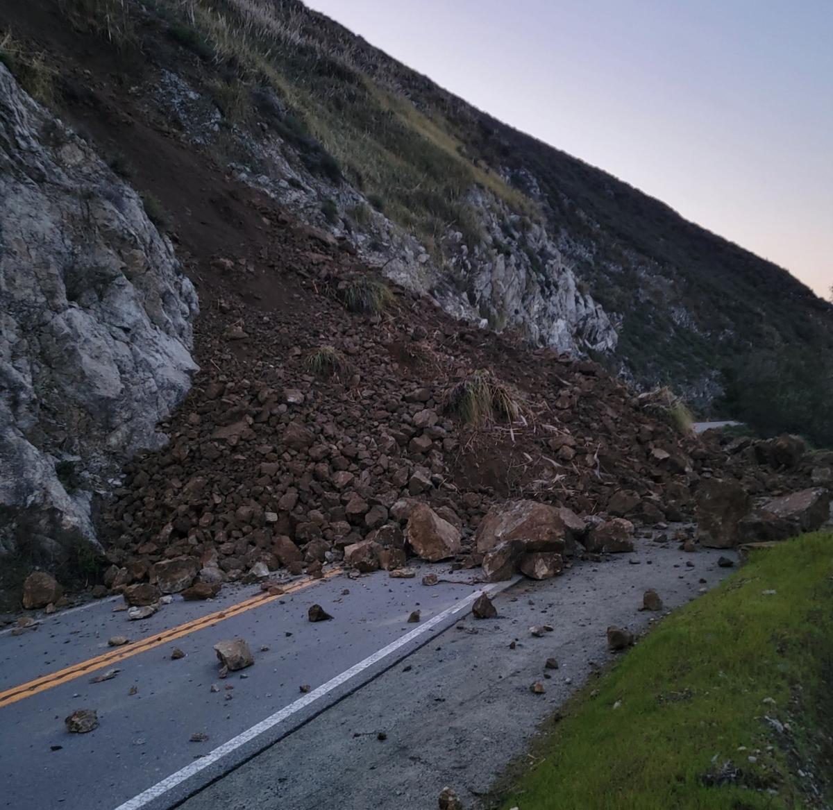 Caltrans crews checking Highway 1 north of Ragged Point discovered this new slide near Torre Canyon Bridge on Tuesday, March 14, 2023, nearly 40 miles north of the San Luis Obispo County line.