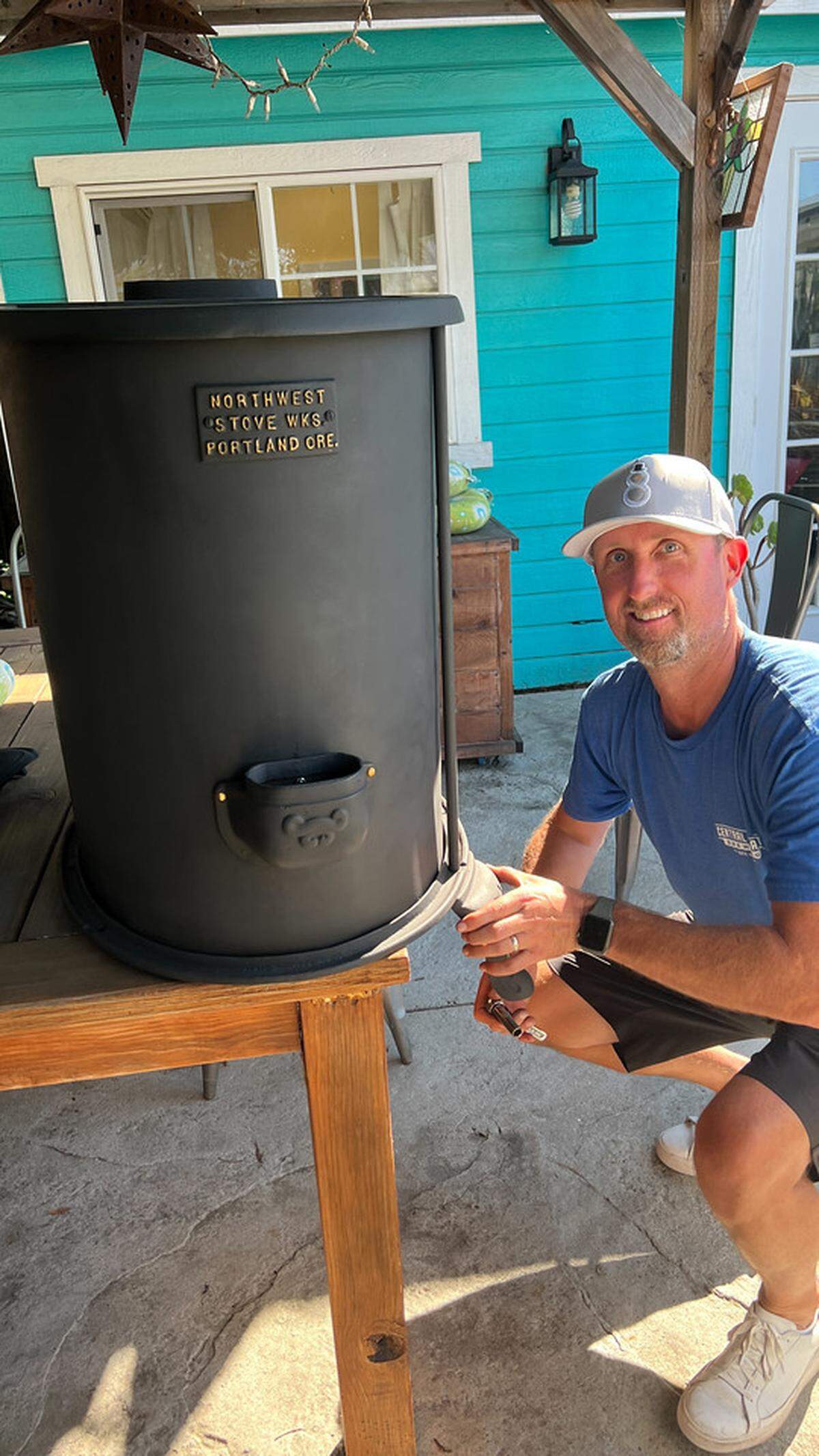 Brian Snow reinstalls a foot on a circa 1880s Northwest Stove Works heating unit that was in the old Santa Rosa School in Cambria for more than seven decades, then removed in 1952. Snow and his twin, Paul Snow, both raised in the northern San Luis Obispo County community, restored the stove and reinstalled it in the one-room schoolhouse in late October 2023.