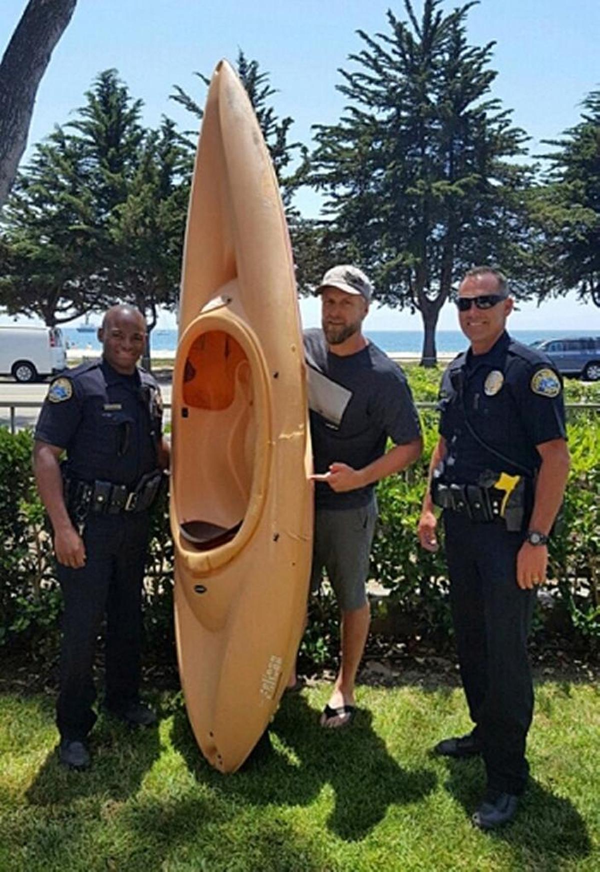 Los Angeles man Bret Jackson was uninjured after a shark attacked his kayak while he was paddling near Stearns Wharf on Thursday, July 20, 2017.