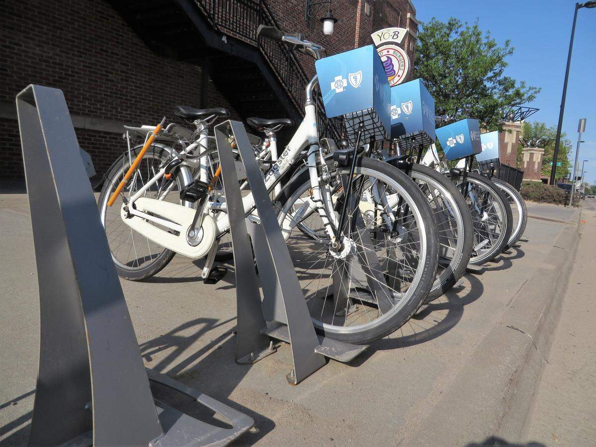 Bike Share ICT bikes wait for riders in Old Town in Wichita, Kansas.