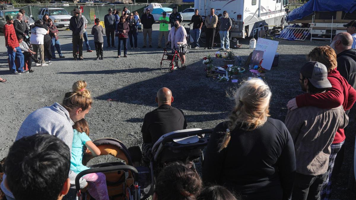 About 50 friends, family and neighbors held a memorial for Jorji Coy-Epperly on Feb. 16 2022, a day after her death in an RV fire at the Safe Parking area on Kansas Avenue.