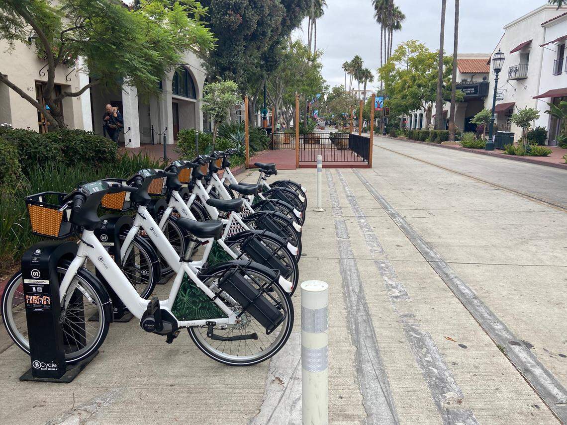 Bicycles can be rented to ride around downtown Santa Barbara, such as these on State Street.